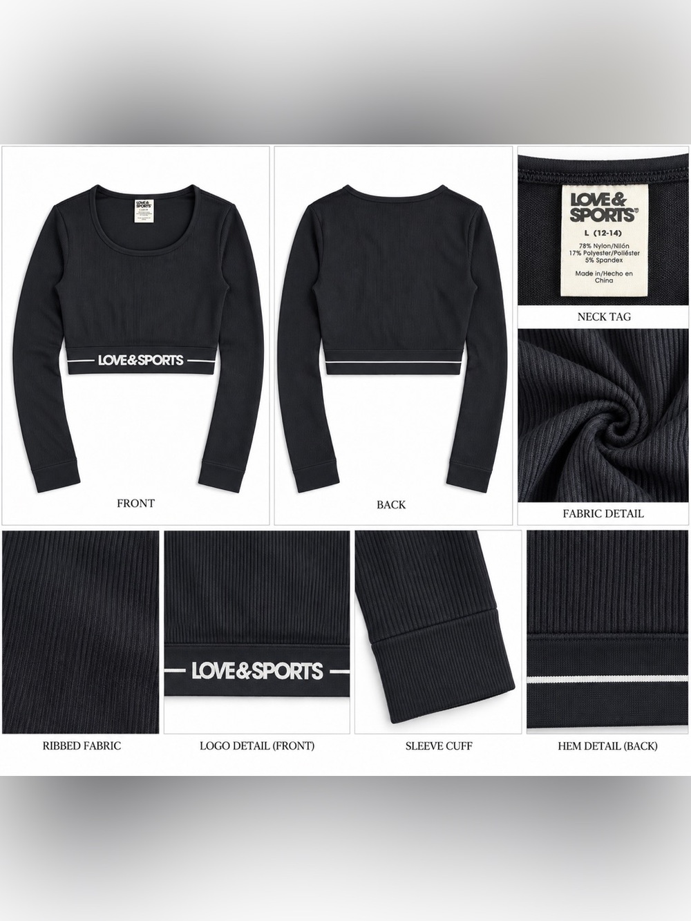 Love & Sports Women’s L Black Ribbed Long Sleeve Crop Top Logo Activewear 12-14